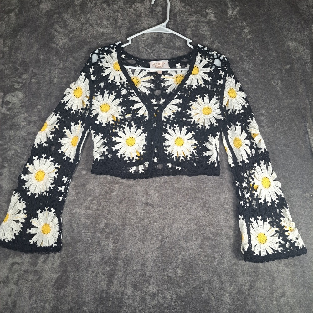 Audrey Parks Francescas Daisy Crochet Crop Cardigan Black White XS Boho Festival
